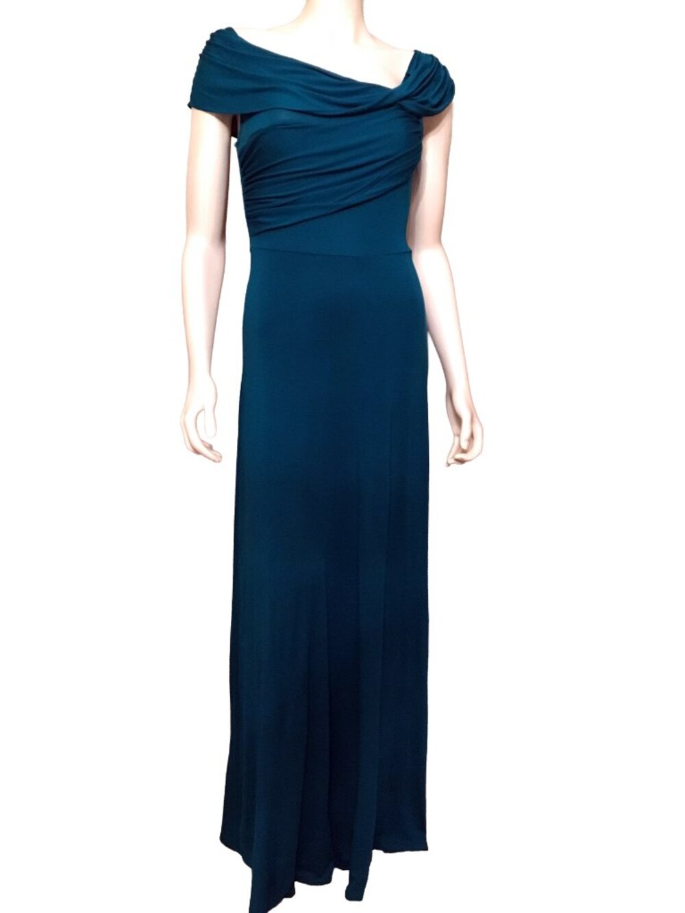 Plenty by Tracy Reese Teal Off The Shoulder Ruched Draped Jersey Maxi Gown S